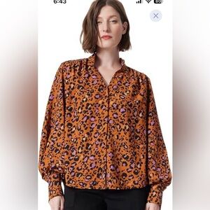 NWT DO by Dee Ocleppo Orange Animal Print Satin Blouse Button Front Size XL